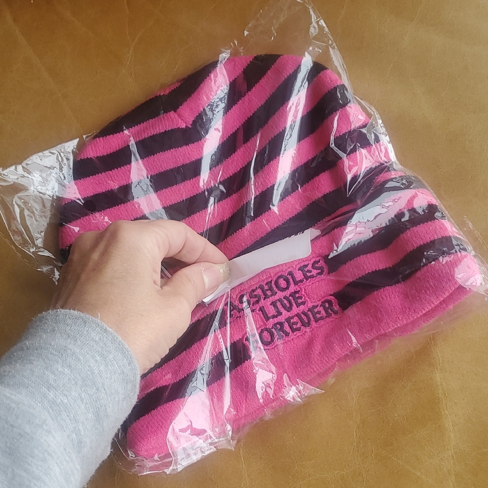 Assholes Live Forever Pink and Black Striped Beanie Toque Hat
